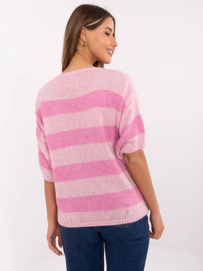Różowy damski sweter oversize z rękawem 3/4