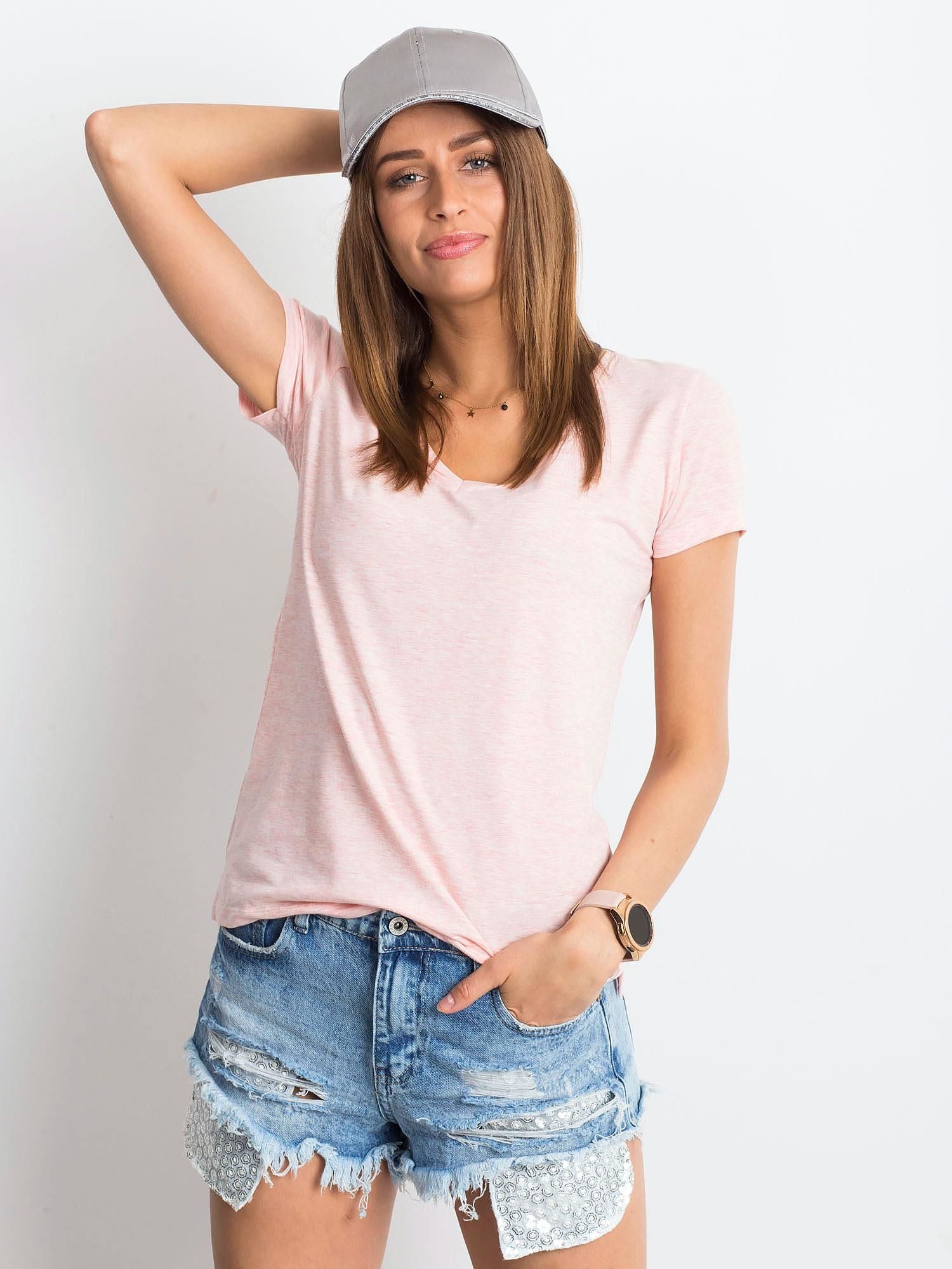Melanżowy t-shirt w serek różowy