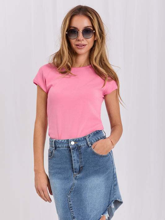 RUE PARIS Różowy  t-shirt basic z ozdobnymi przeszyciami