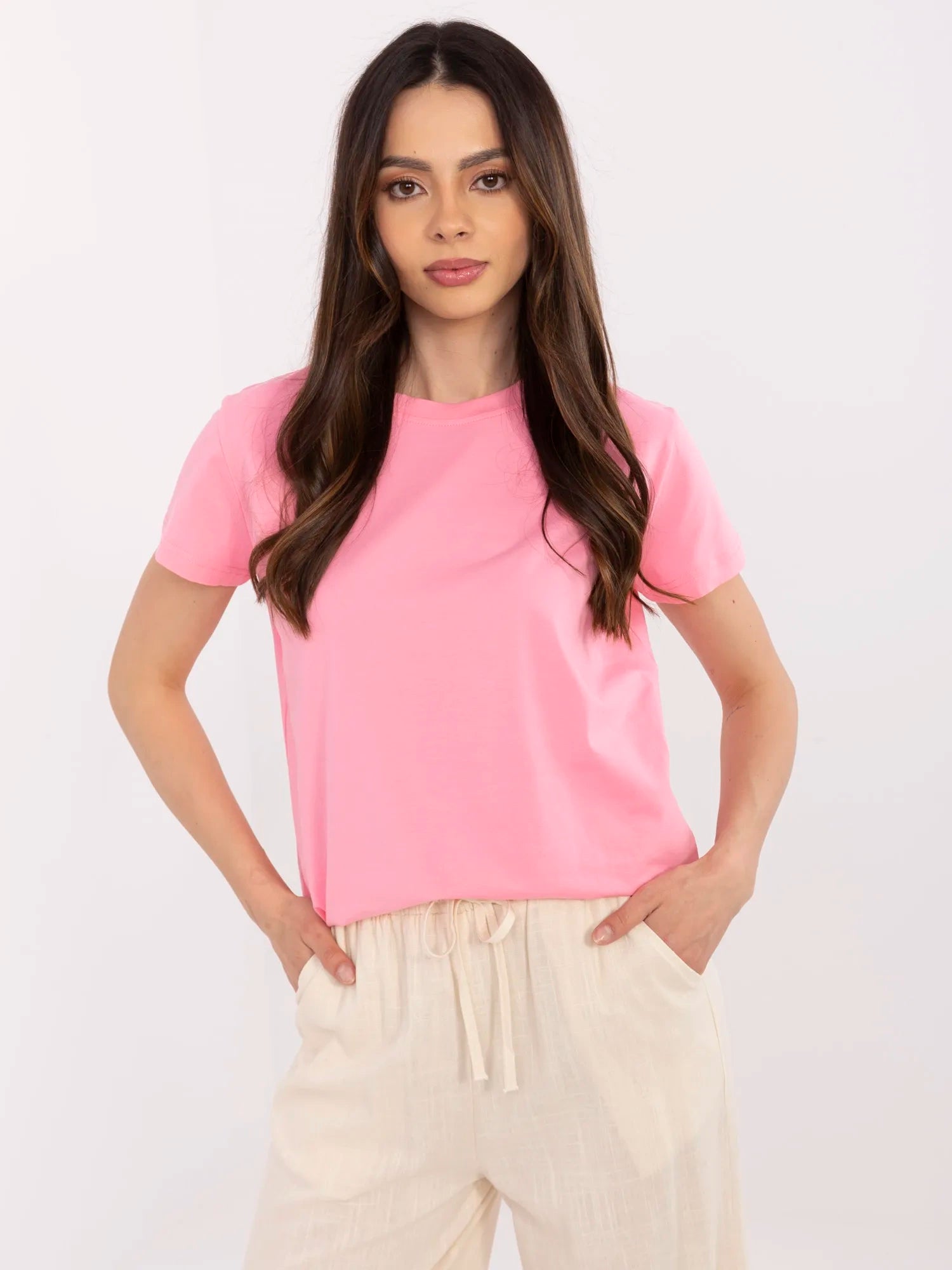 BASIC FEEL GOOD Różowy damski t-shirt z bawełny