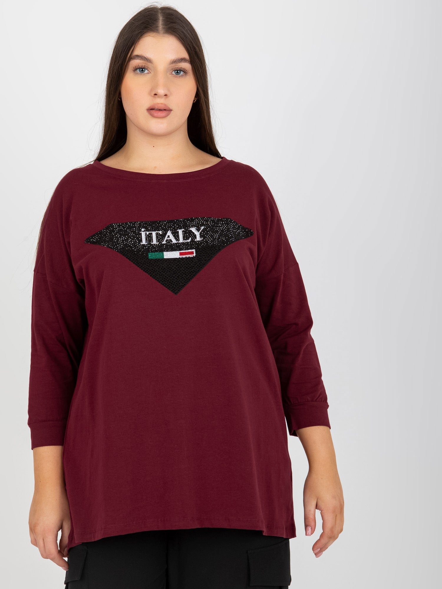Śliwkowa bluzka plus size z rękawem 3/4