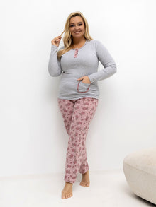 Szara piżama plus size ze spodniami w kwiaty