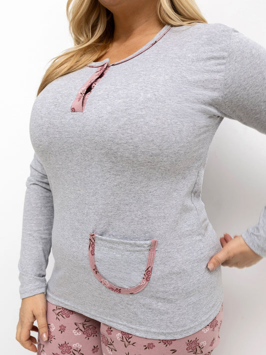 Szara piżama plus size ze spodniami w kwiaty