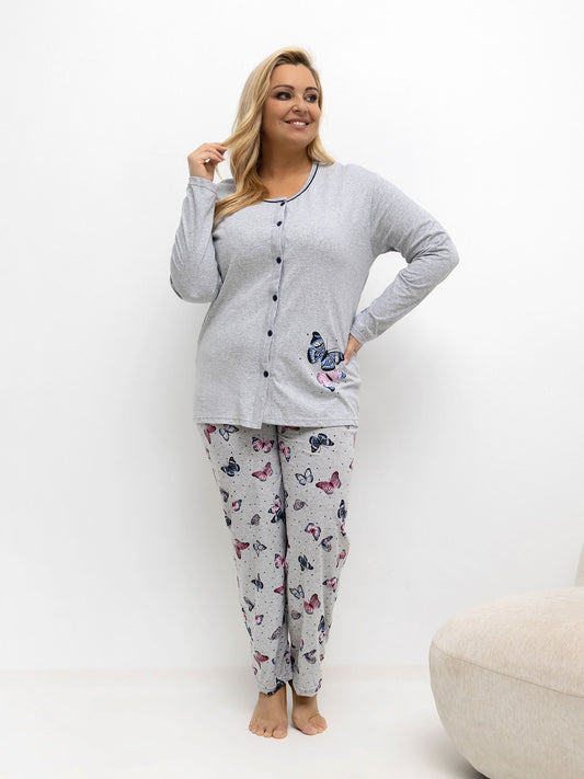 Szara piżama plus size ze spodniami w motyle