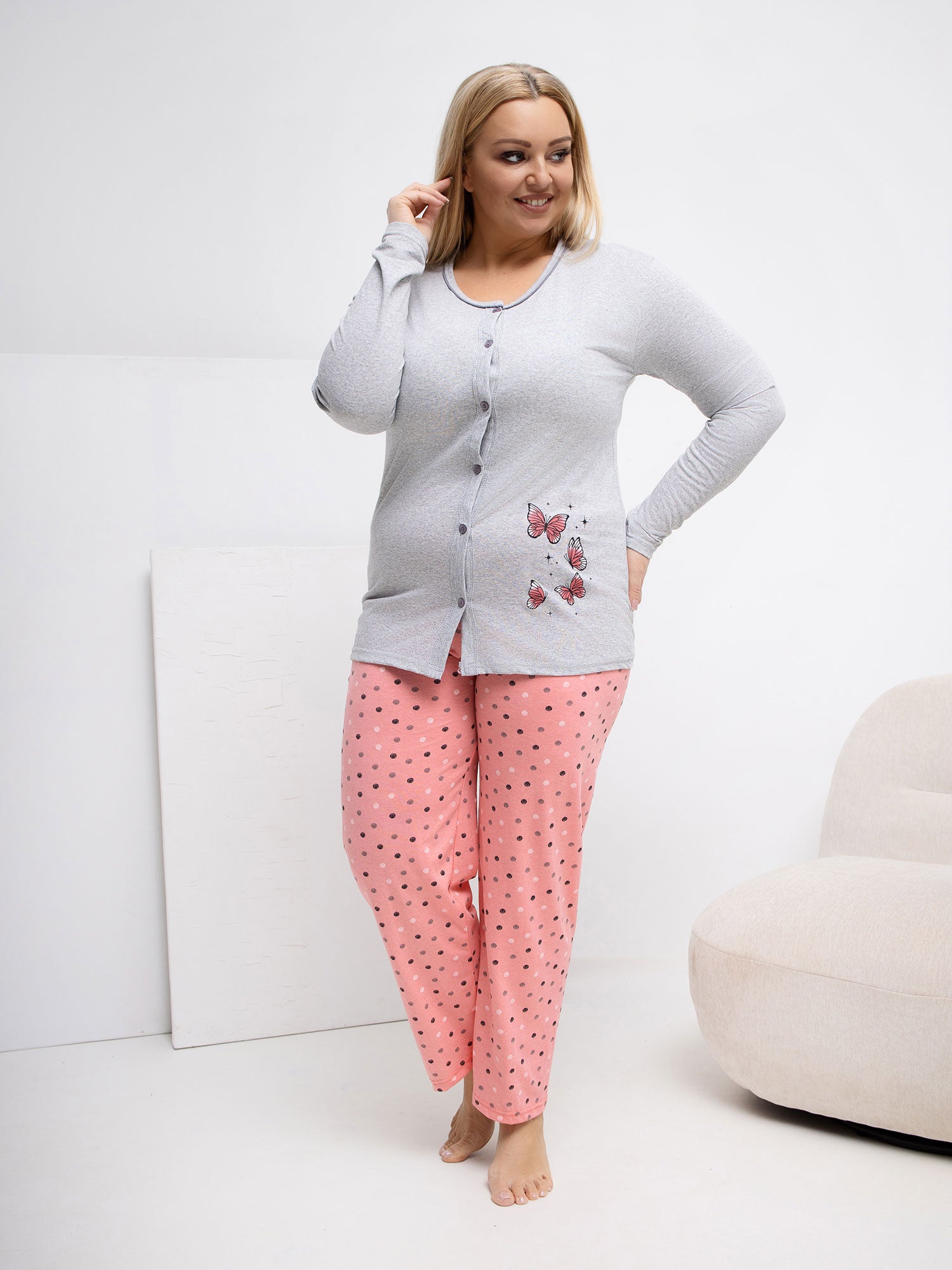Szara damska piżama plus size z rozpinaną bluzką