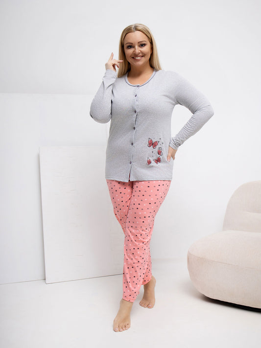 Szara damska piżama plus size z rozpinaną bluzką
