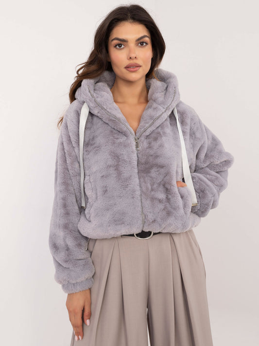 Szara futrzana kurtka damska z zapięciem na suwak