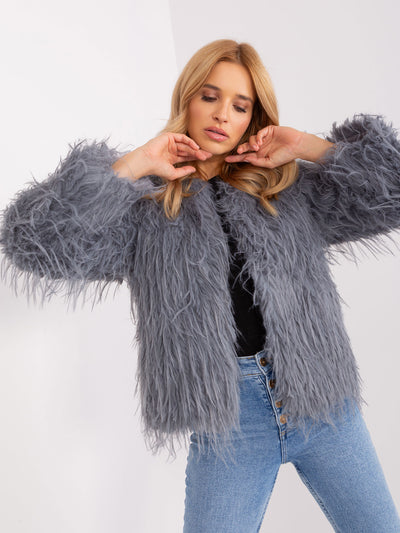 Szara futrzana kurtka przejściowa z kieszeniami