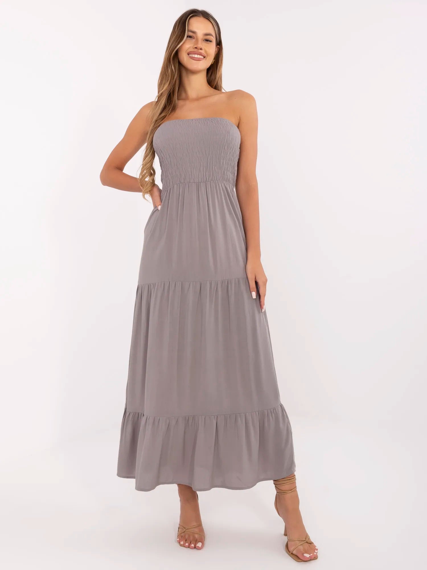 FRESH MADE Szara maxi sukienka z falbaną