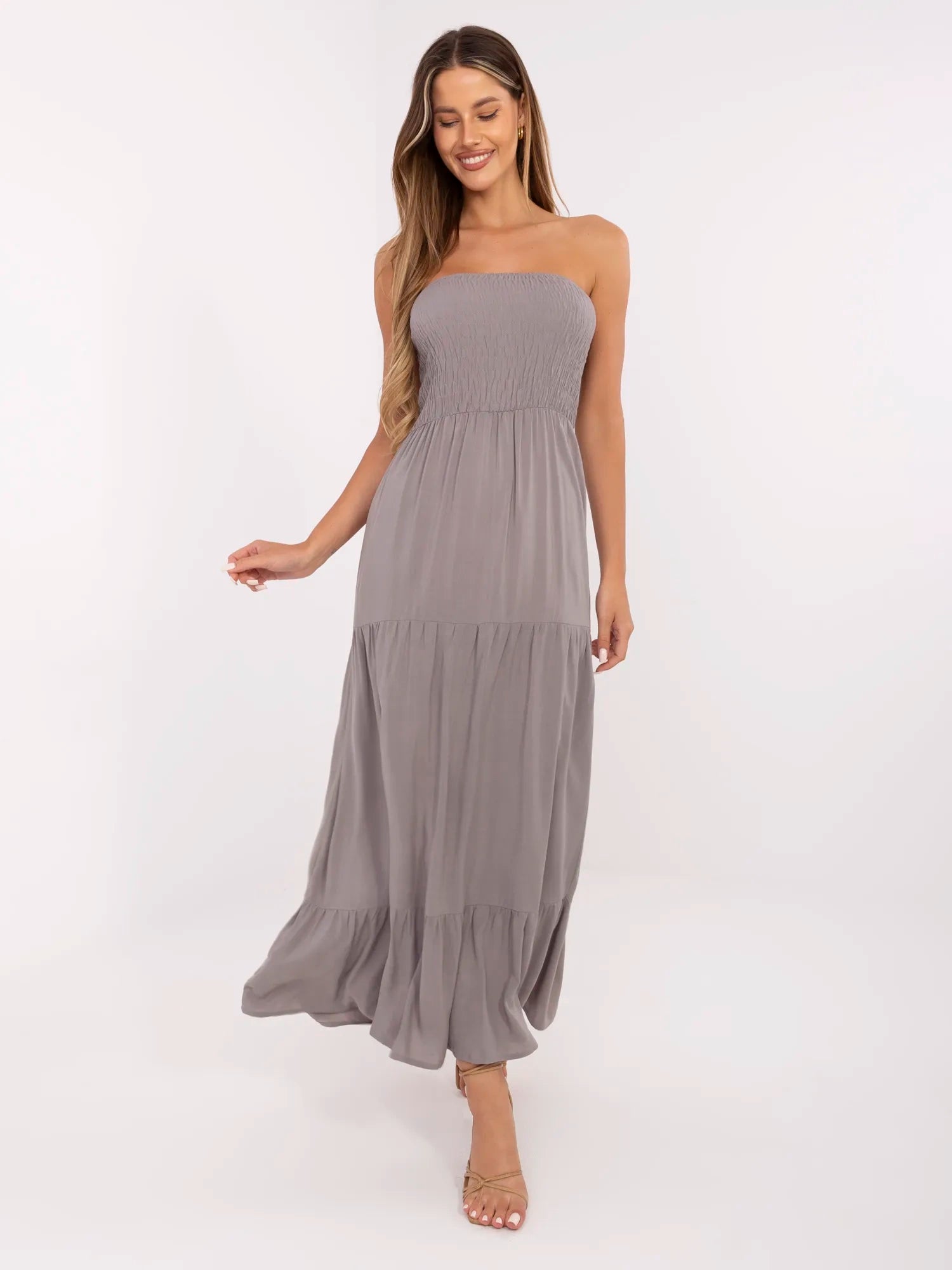 FRESH MADE Szara maxi sukienka z falbaną