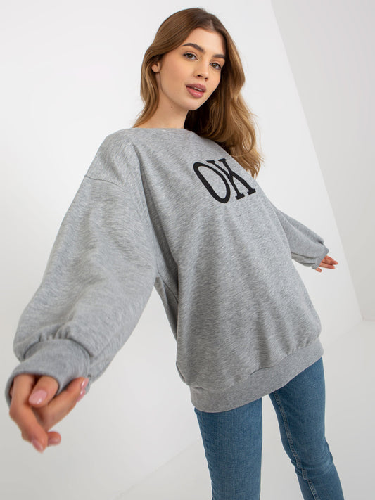 Szara luźna bluza oversize bez kaptura z haftem