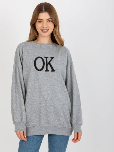 Szara luźna bluza oversize bez kaptura z haftem