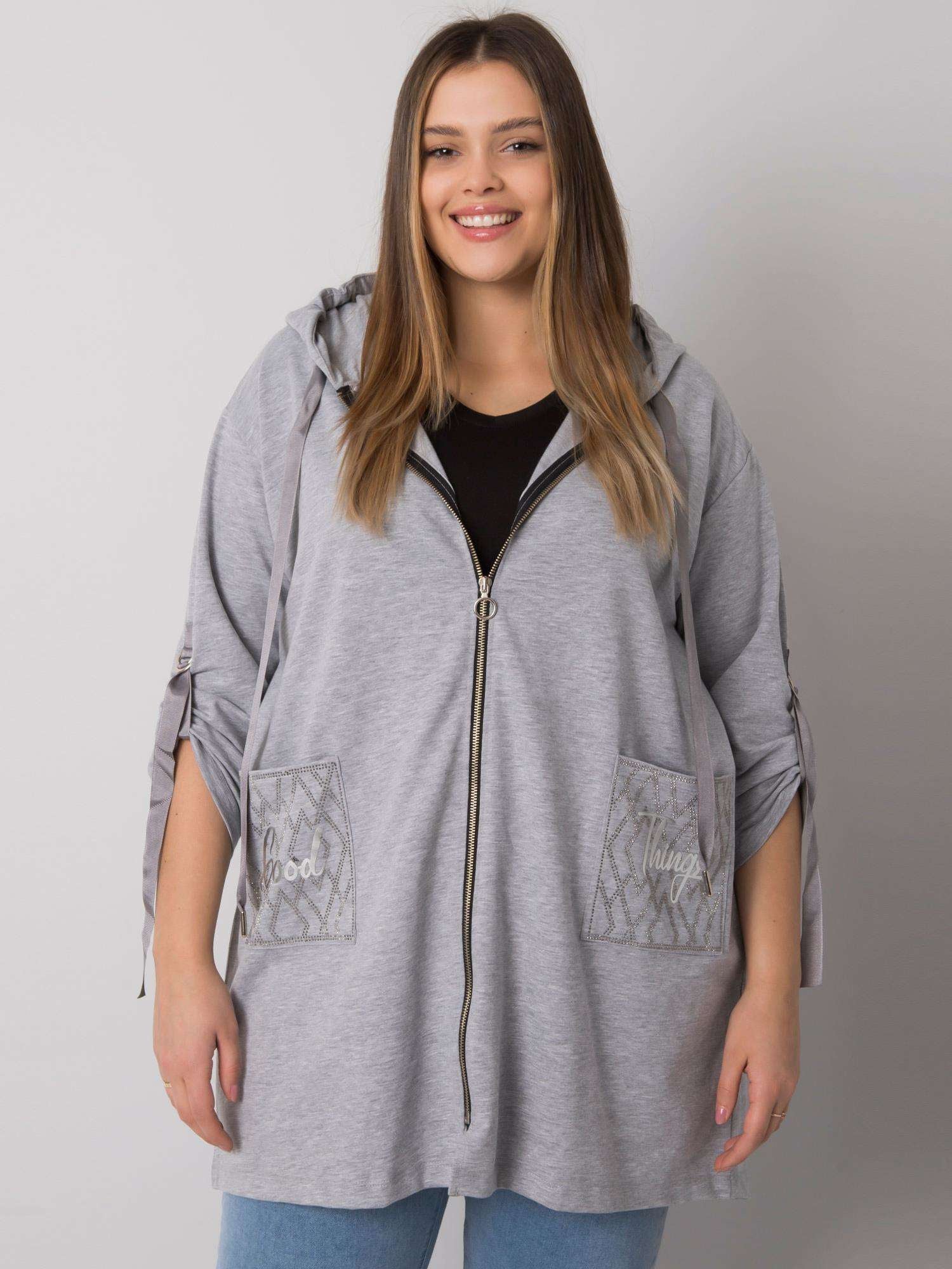 Szara melanżowa bluza plus size z kapturem i aplikacjami