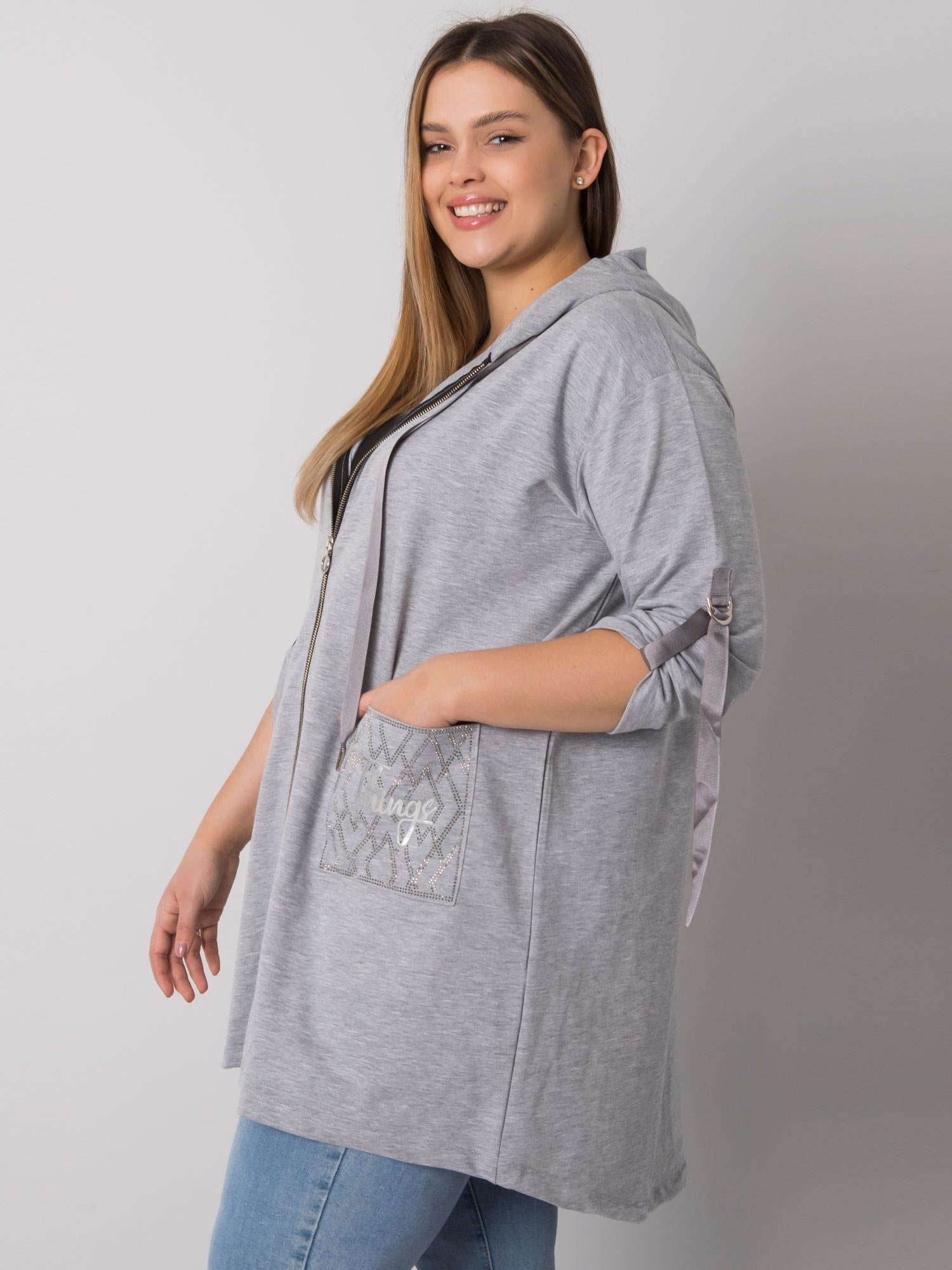 Szara melanżowa bluza plus size z kapturem i aplikacjami