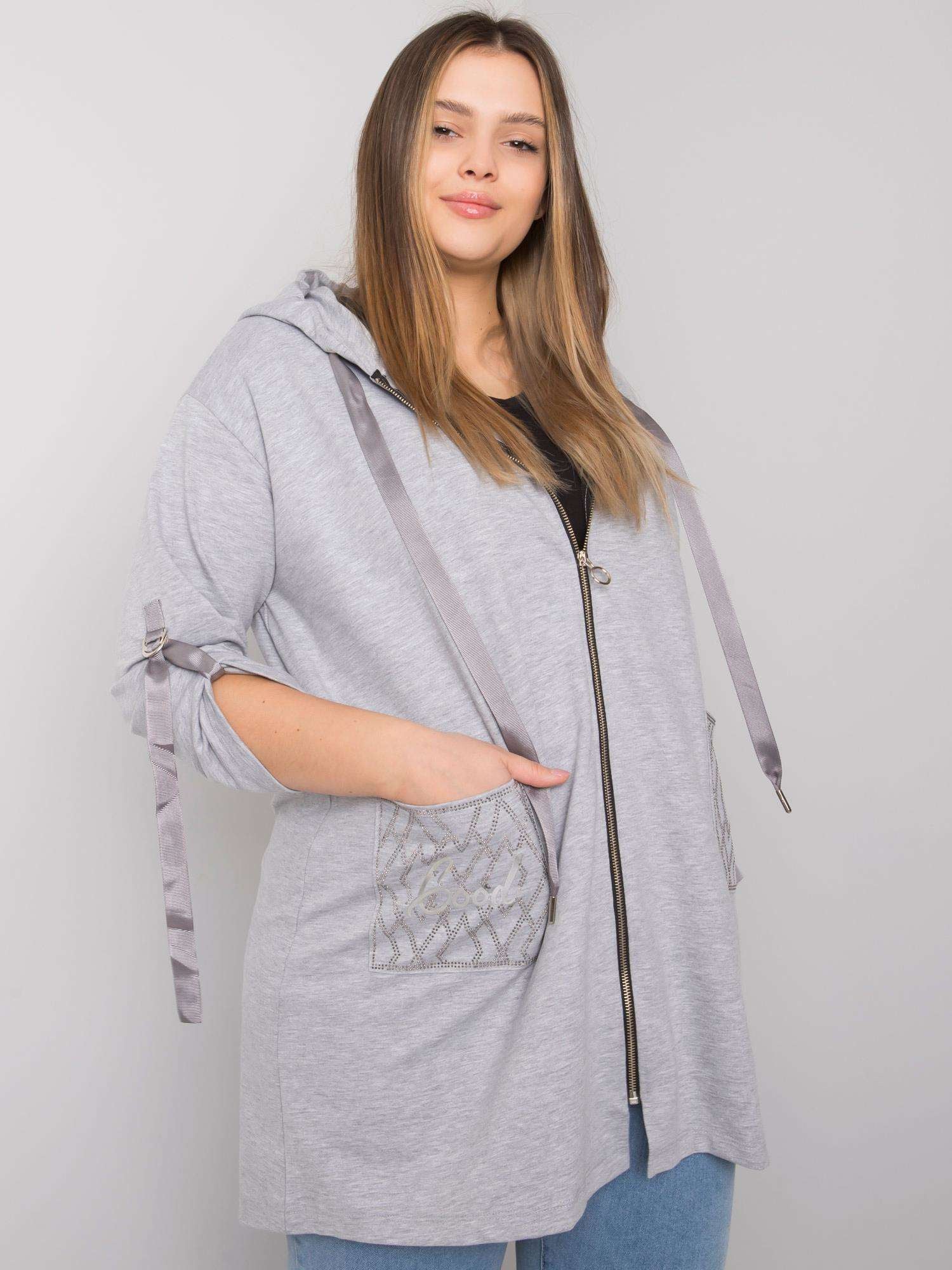 Szara melanżowa bluza plus size z kapturem i aplikacjami