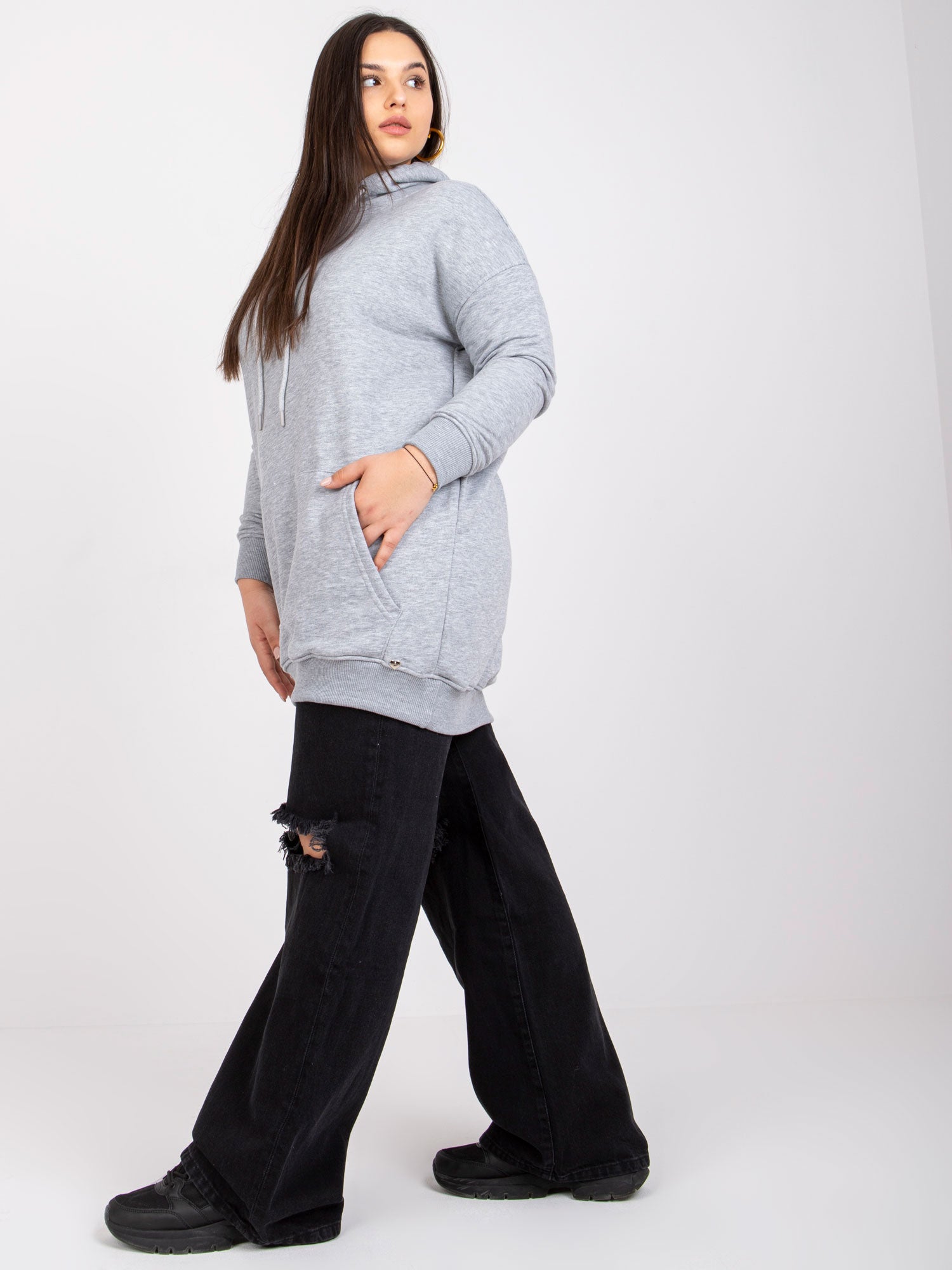 Szara melanżowa bawełniana bluza plus size z kapturem