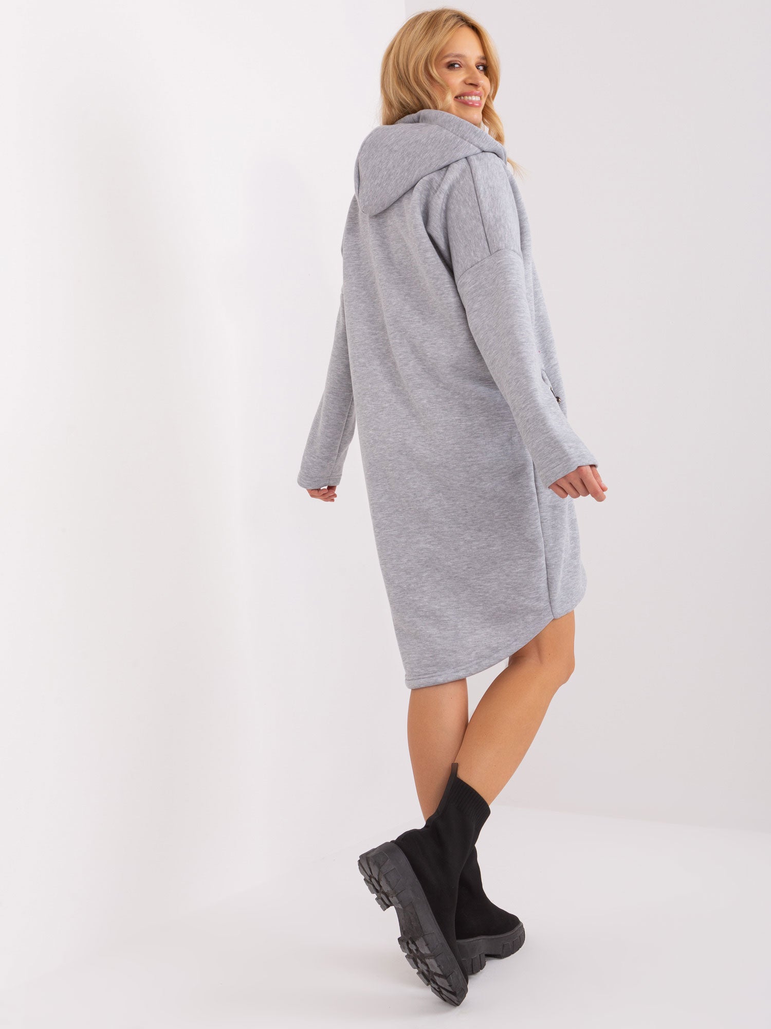 Szara melanżowa długa bluza basic z kapturem