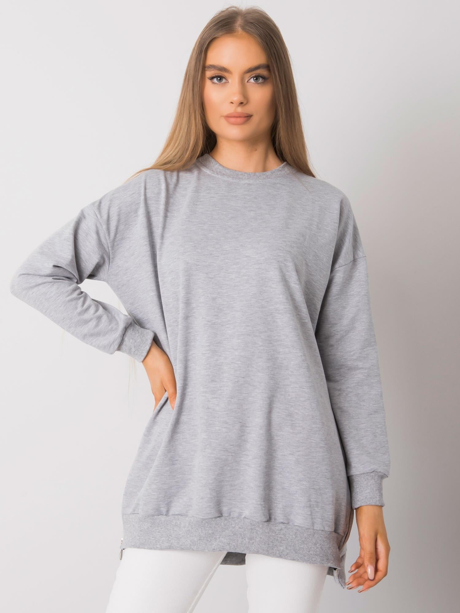 Szara melanżowa długa dresowa bluza basic z suwakami