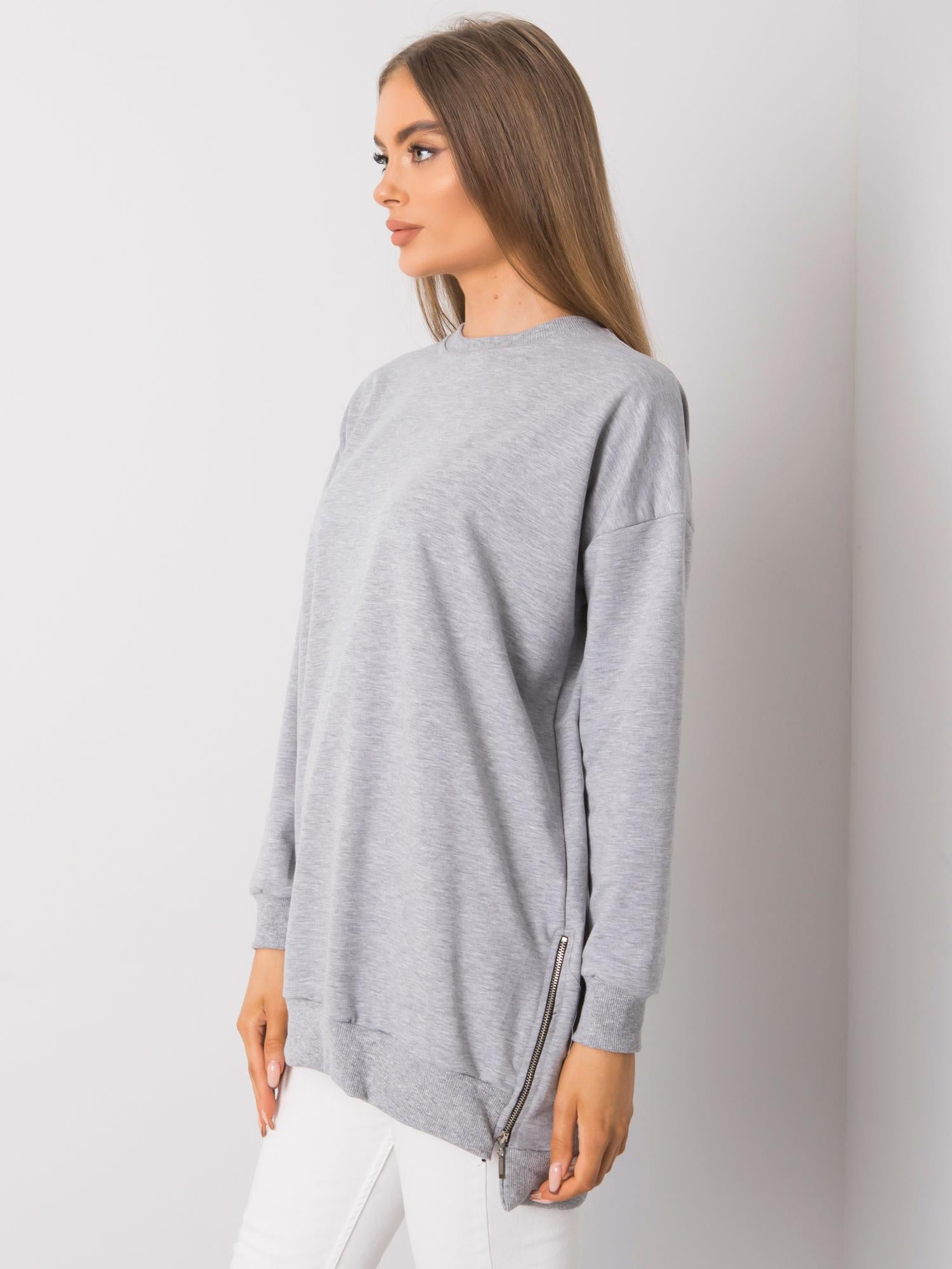 Szara melanżowa długa dresowa bluza basic z suwakami