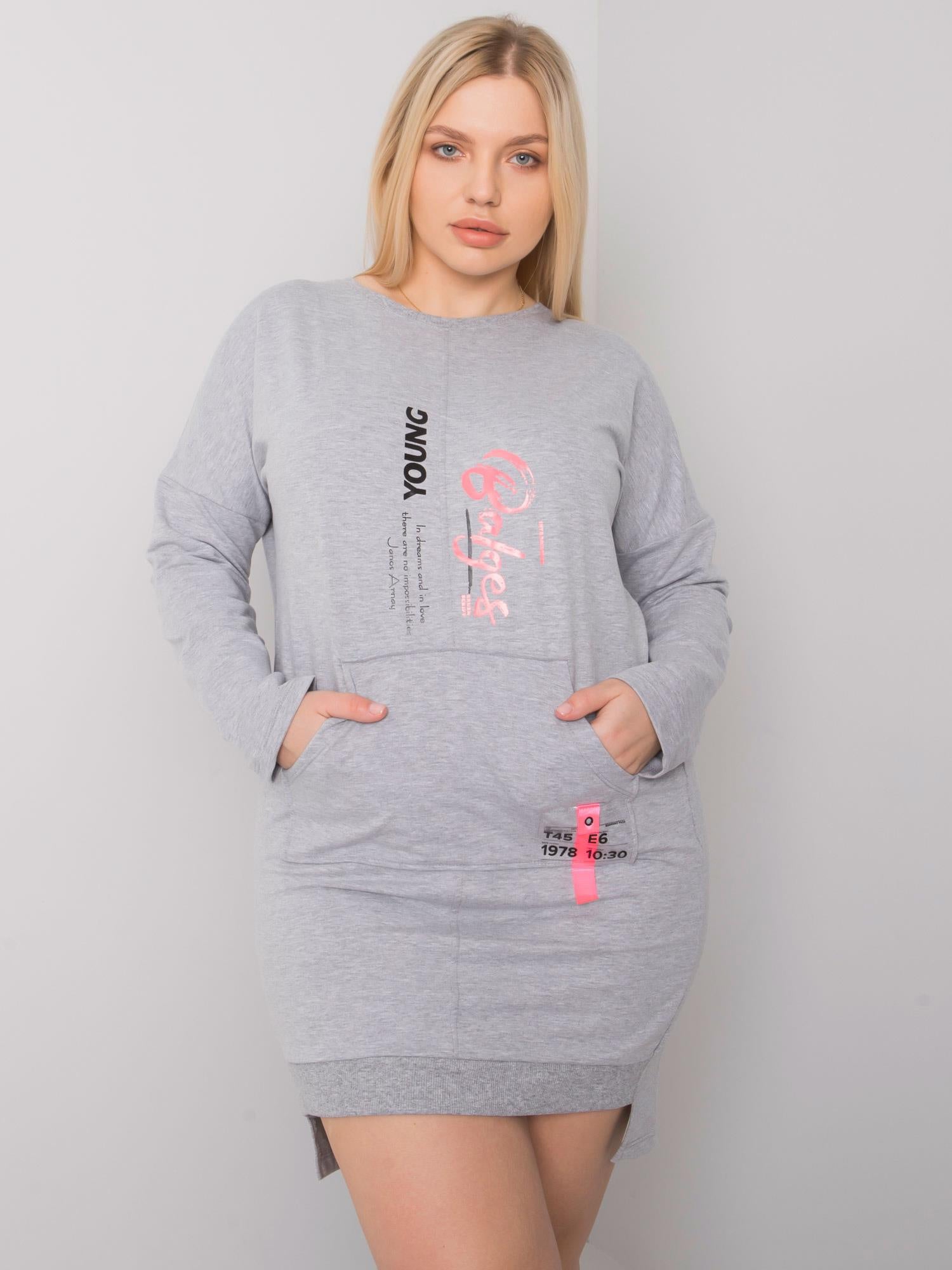 Szara melanżowa sukienka damska plus size z kieszenią