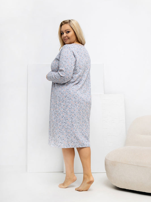 Szara nocna koszula plus size w kwiaty