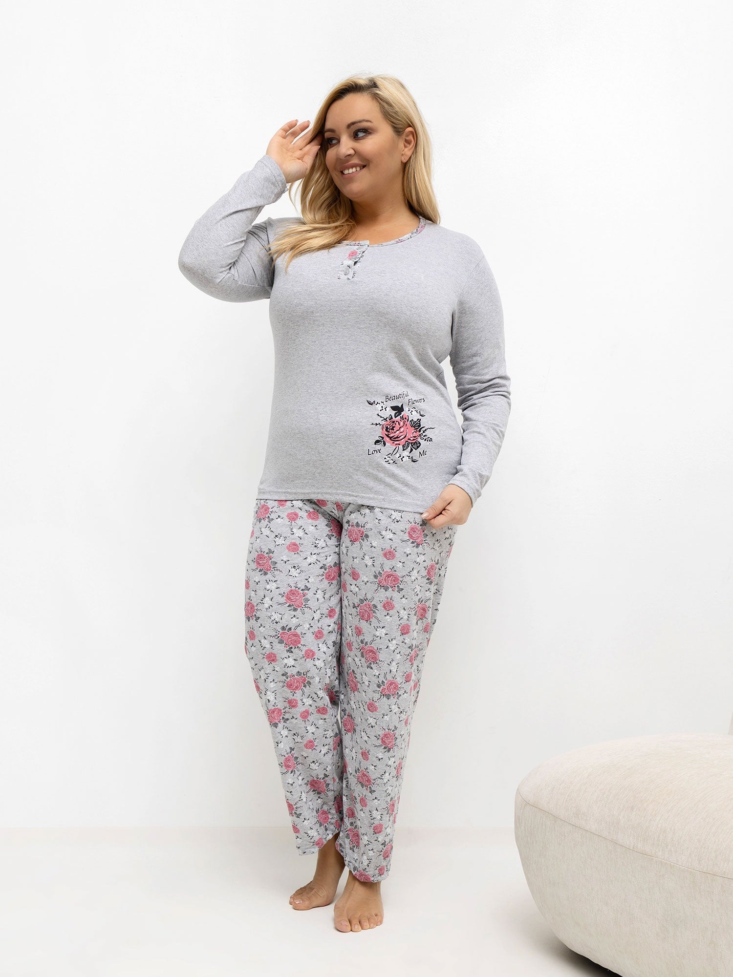 Szara damska piżama plus size z bawełny