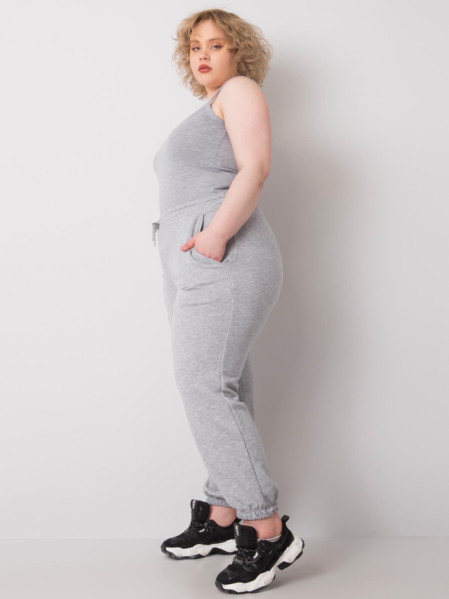 Szare melanżowe bawełniane spodnie dresowe plus size