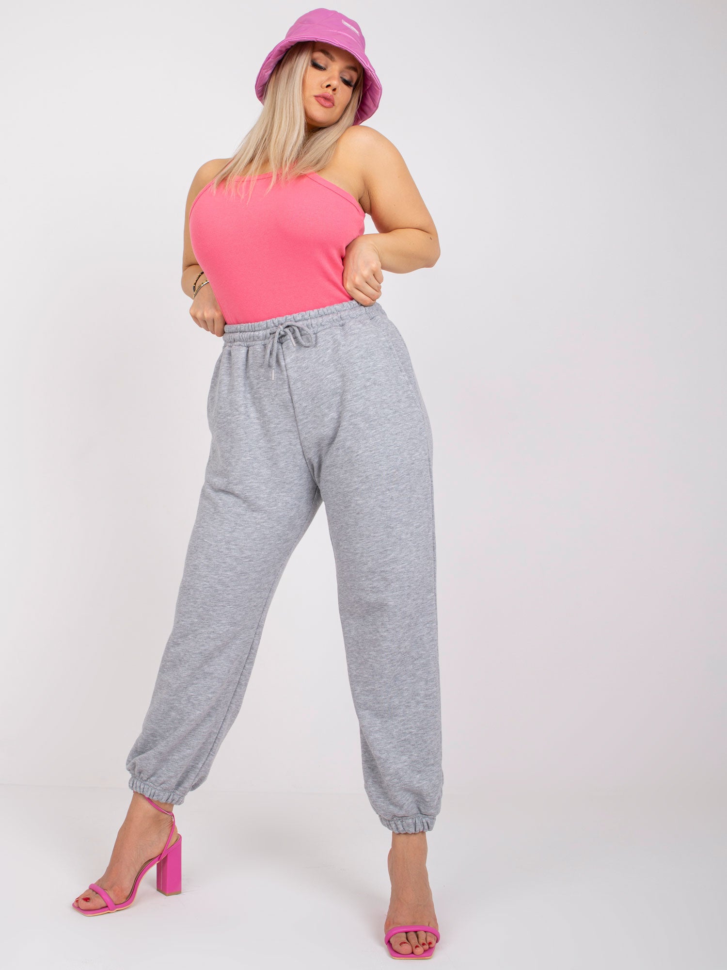 Szare melanżowe bawełniane spodnie dresowe plus size
