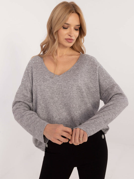 Szary damski sweter oversize z dekoltem V