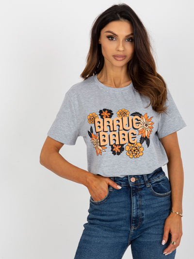 Szary melanżowy damski t-shirt z nadrukiem