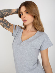Szary melanżowy t-shirt basic z dekoltem V