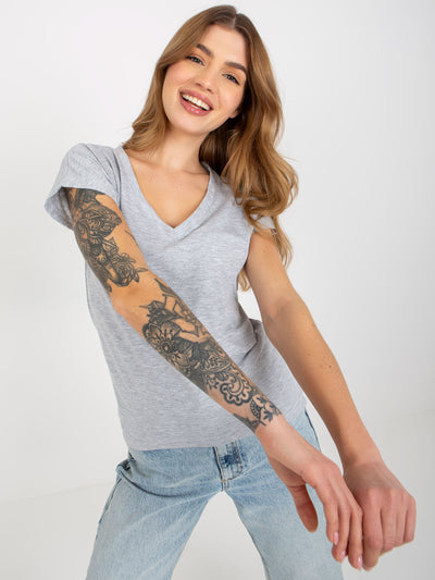 Szary melanżowy t-shirt basic z dekoltem V