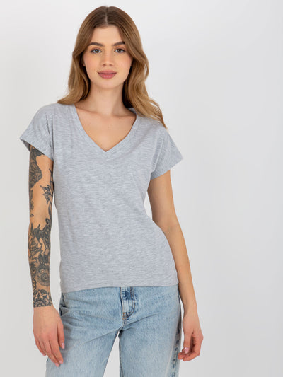 Szary melanżowy t-shirt basic z dekoltem V