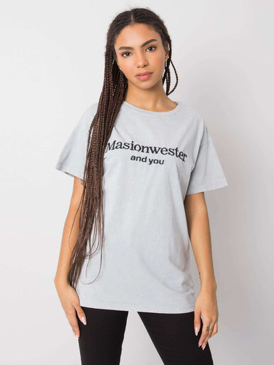 RUE PARIS Szary t-shirt z haftowanym napisem