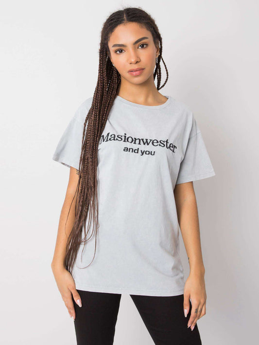 RUE PARIS Szary t-shirt z haftowanym napisem