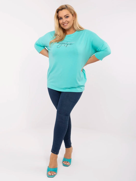 Turkusowa  damska bluzka plus size z napisem