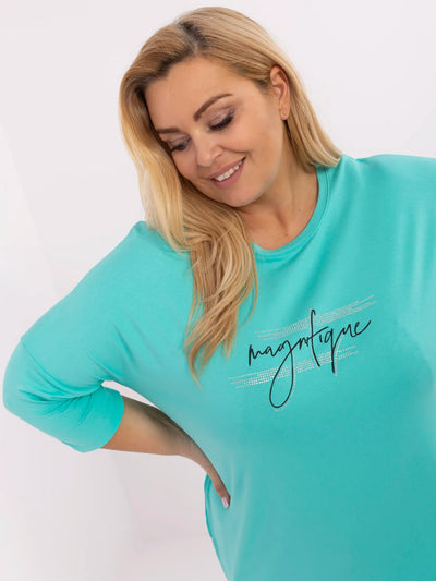 Turkusowa  damska bluzka plus size z napisem