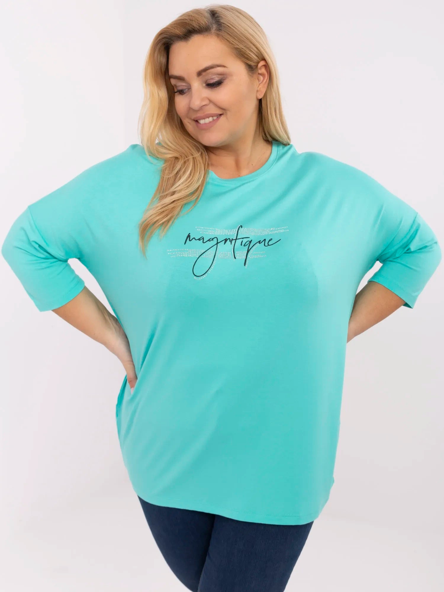 Turkusowa  damska bluzka plus size z napisem