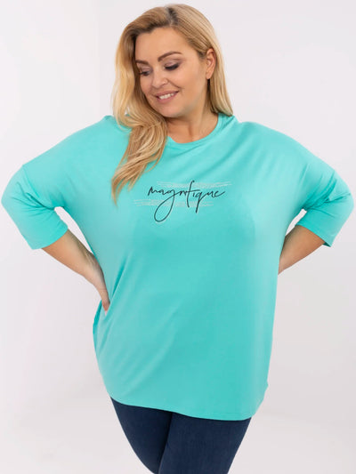 Turkusowa  damska bluzka plus size z napisem