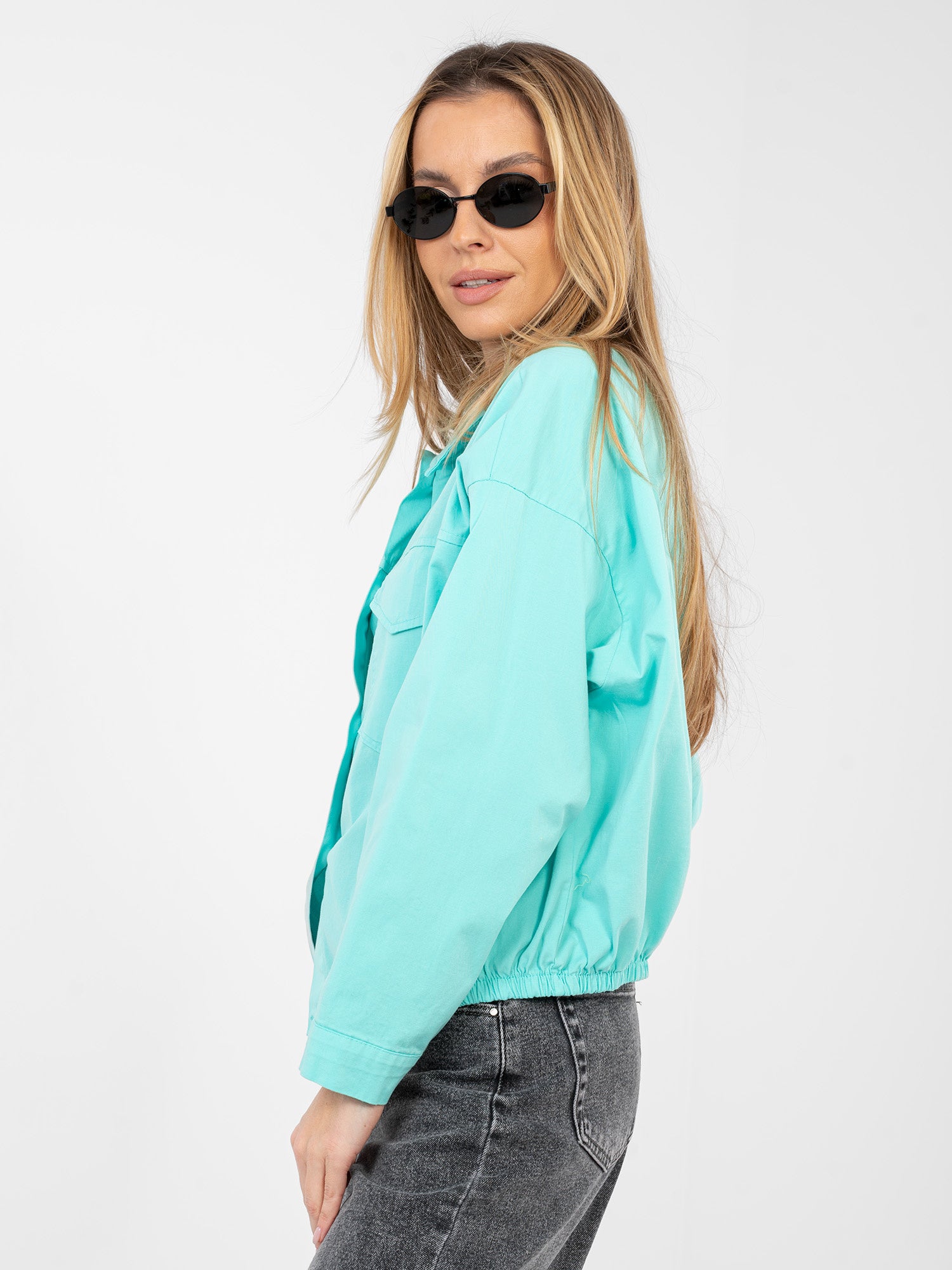 RUE PARIS Turkusowa  koszula oversize z kieszeniami