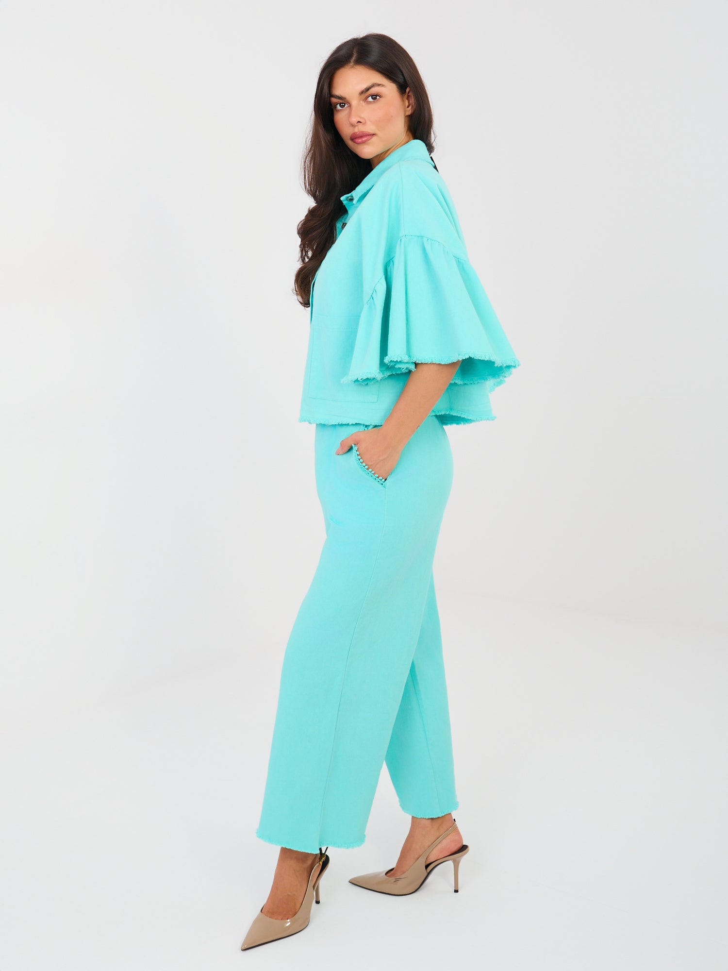 Turkusowe jeansy wide leg bez zapięcia