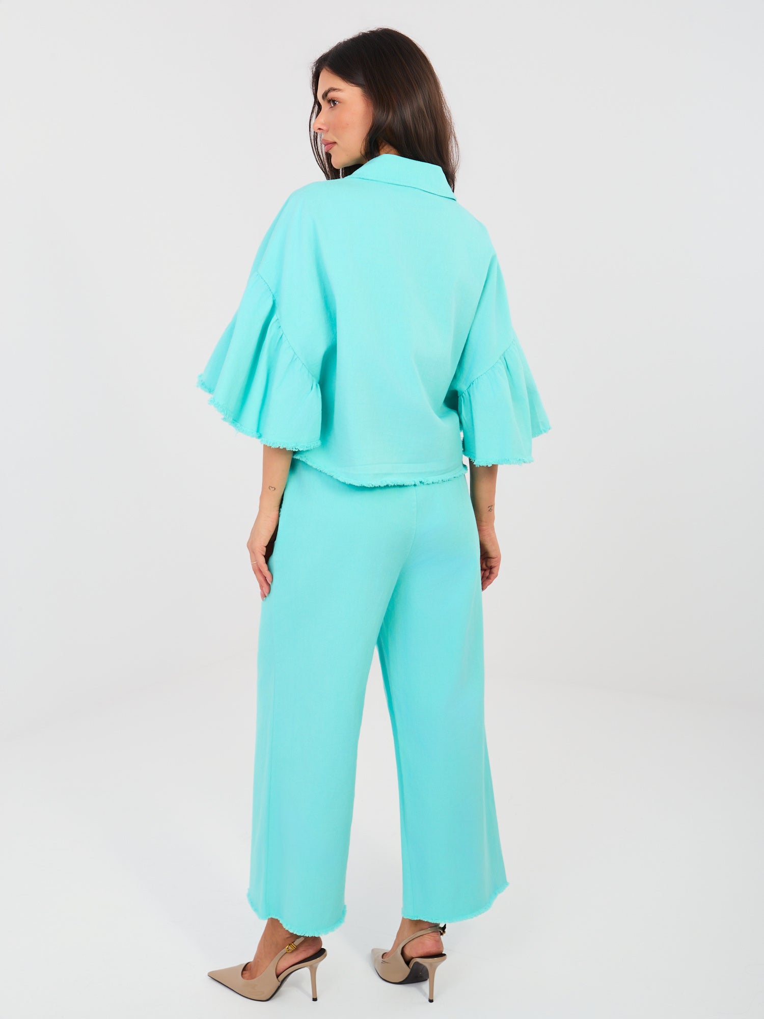 Turkusowe jeansy wide leg bez zapięcia