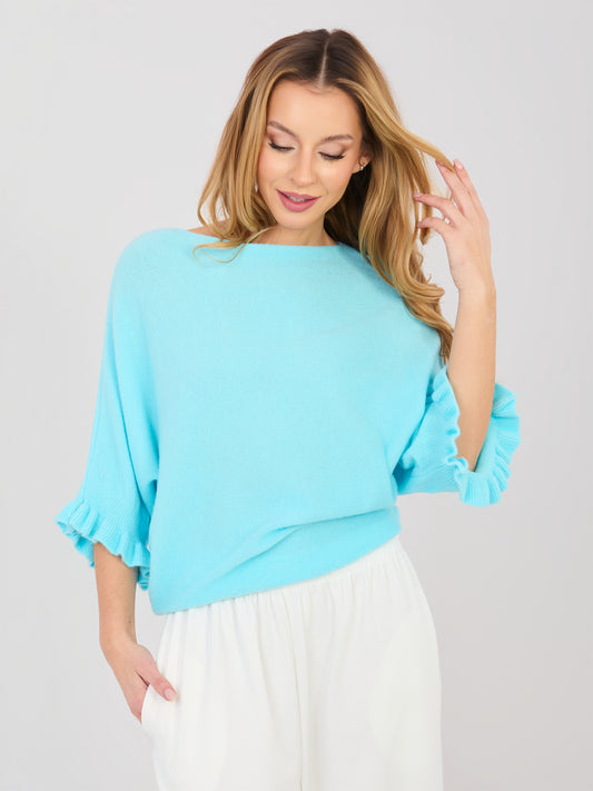 Turkusowy damski sweter oversize z rękawem 3/4