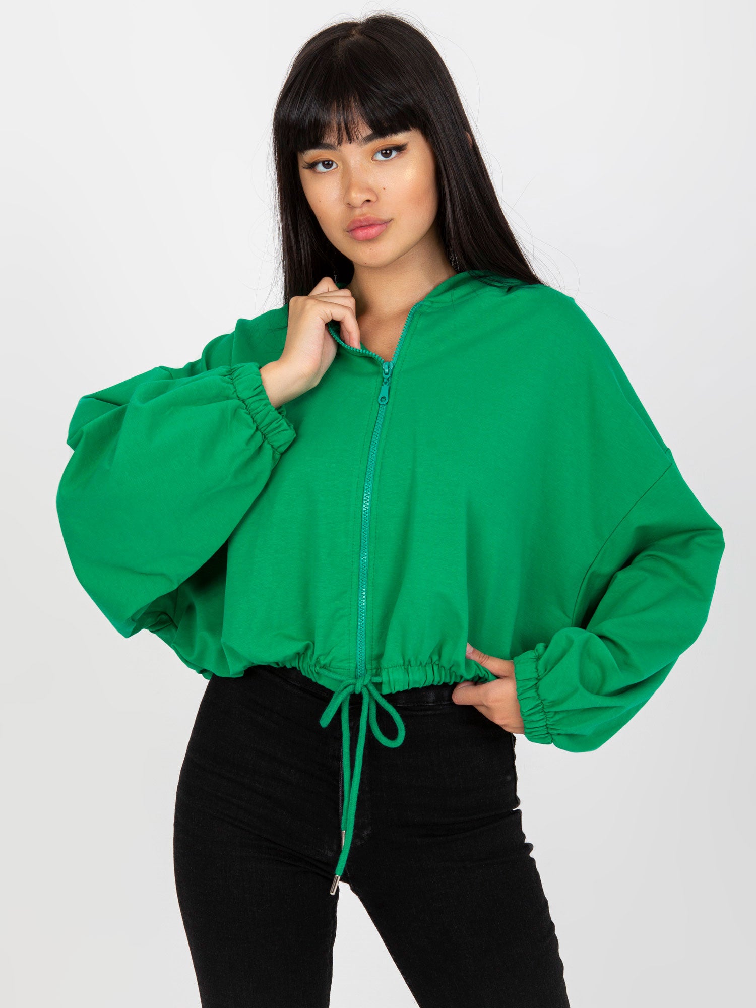 Zielona rozpinana bluza basic z kapturem RUE PARIS
