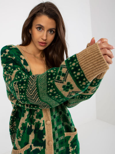 Zielono-camelowy ciepły sweter rozpinany oversize
