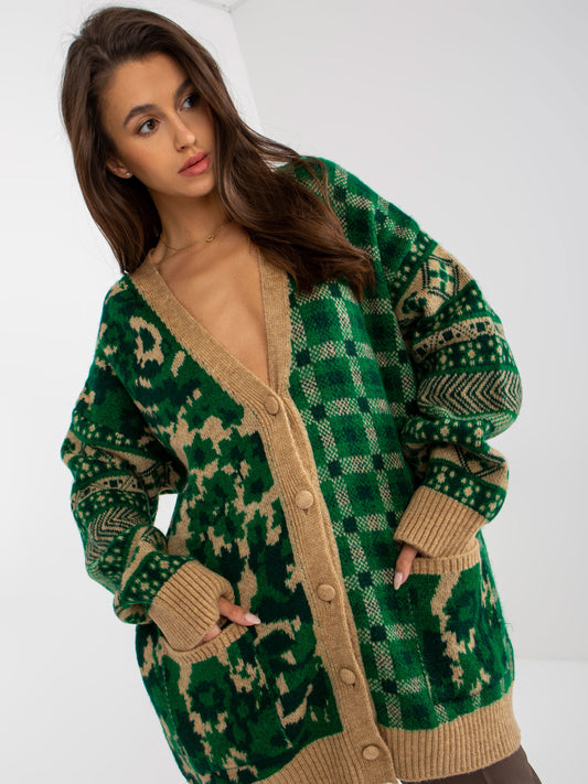 Zielono-camelowy ciepły sweter rozpinany oversize