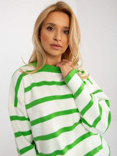 Zielono-ecru  sweter oversize w paski z wełną  RUE PARIS