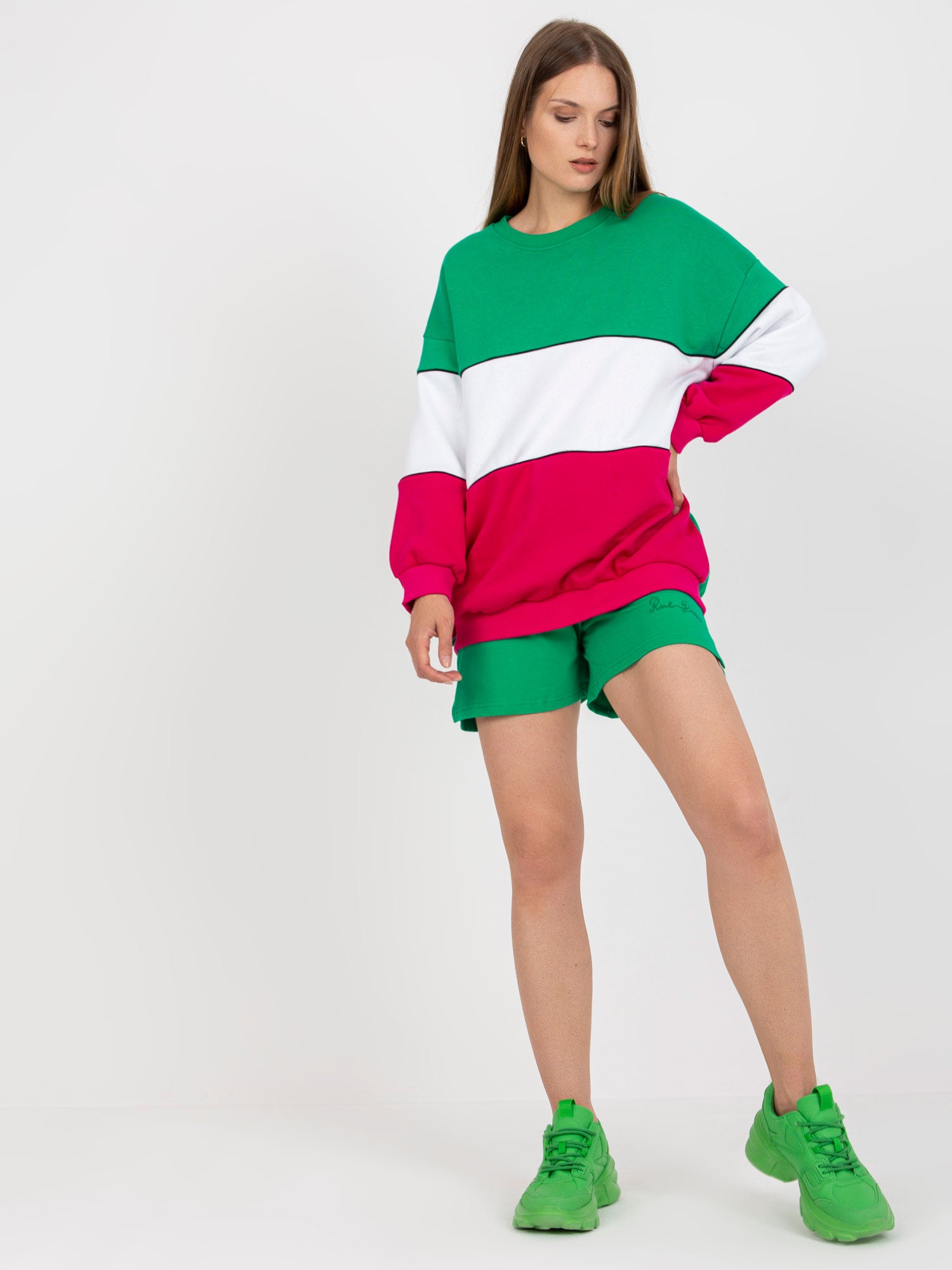 RUE PARIS Zielono-fuksjowa dresowa bluza basic z bawełny