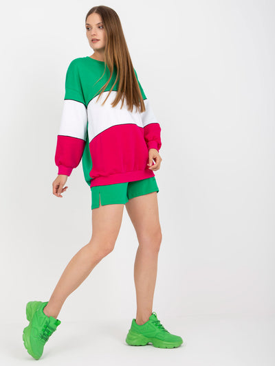 RUE PARIS Zielono-fuksjowa dresowa bluza basic z bawełny