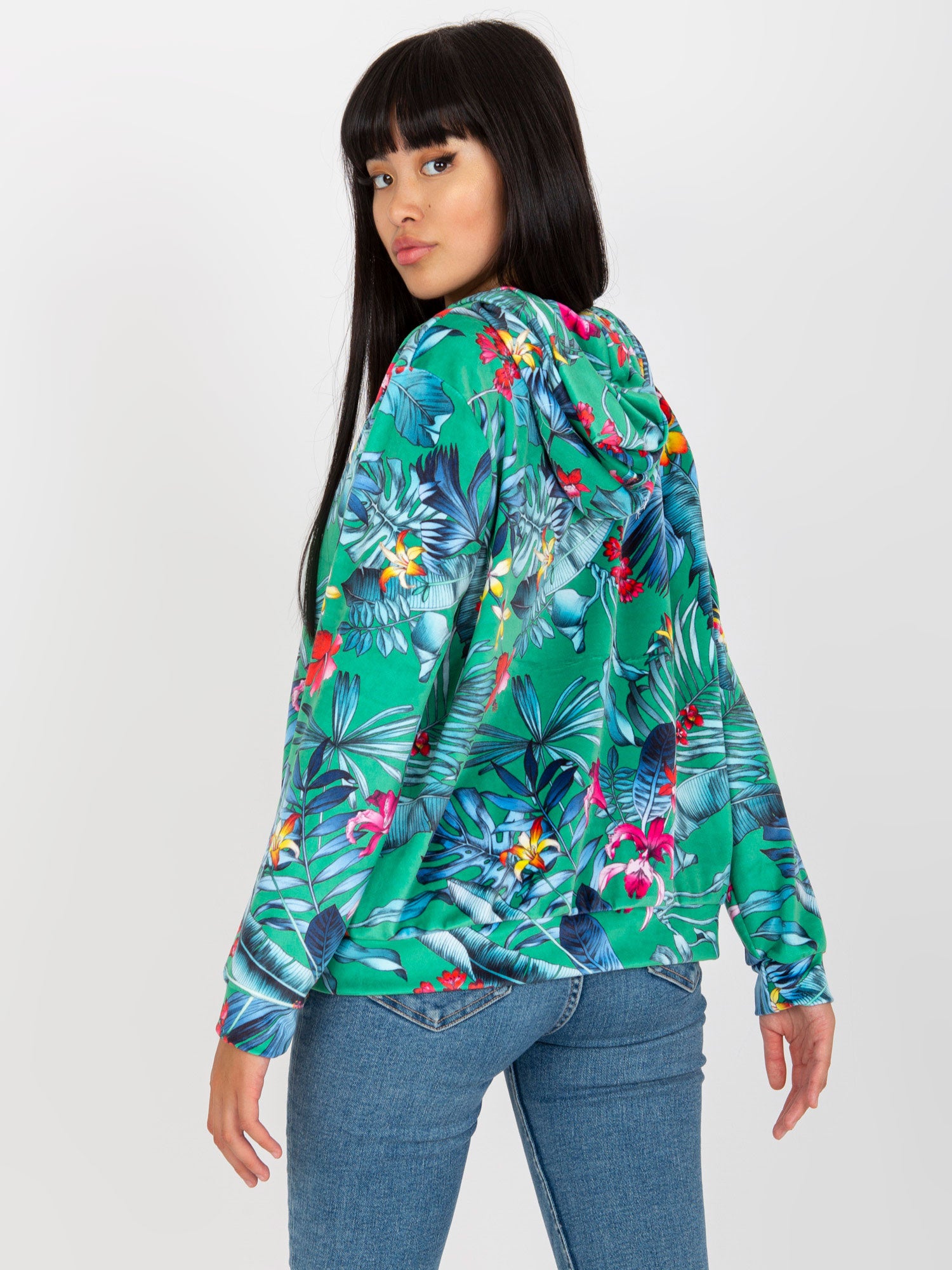 Zielono-niebieska welurowa bluza z nadrukiem RUE PARIS